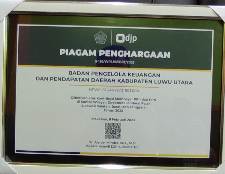 Pemda Luwu Utara Terima Penghargaan dari Kanwil DJP Sulselbartra